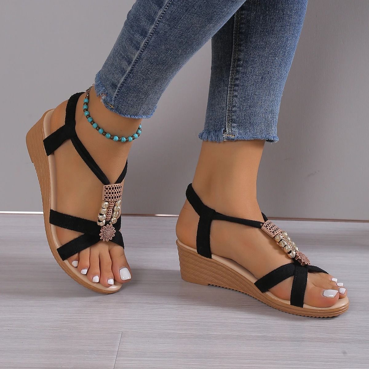 ASSKLO Women's sandals slope heel sandals shoes Wedges beaded girl's shoes ladies shoes open toe sandals middle heel Bohemian slope heel fish mouth shoes Casual Shoes 【Choose 1 size larger than 】