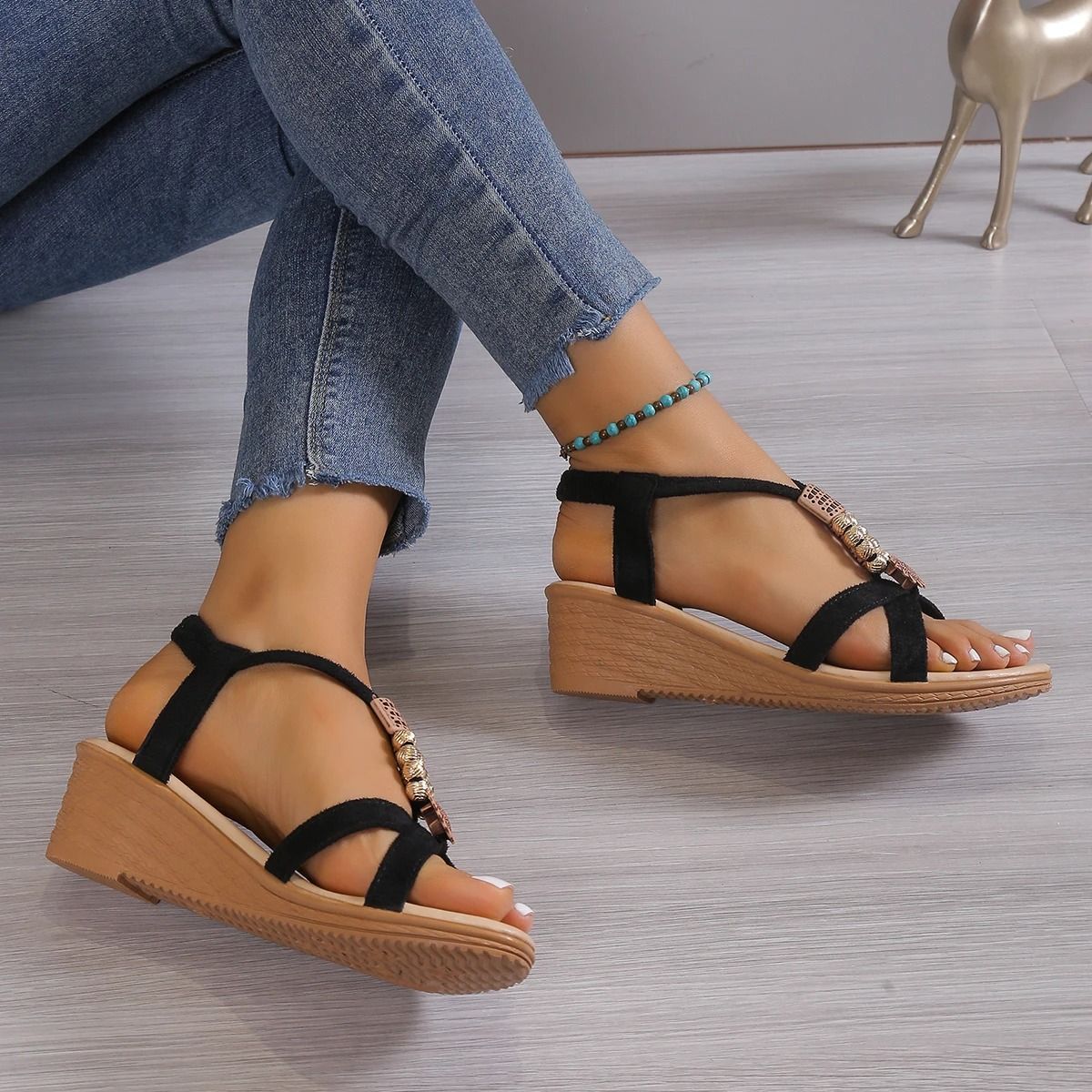 ASSKLO Women's sandals slope heel sandals shoes Wedges beaded girl's shoes ladies shoes open toe sandals middle heel Bohemian slope heel fish mouth shoes Casual Shoes 【Choose 1 size larger than 】