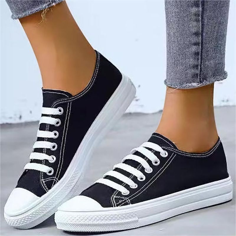 ASSKLO Flats shoes flat heel low top solid color black women's canvas small white shoes versatile version