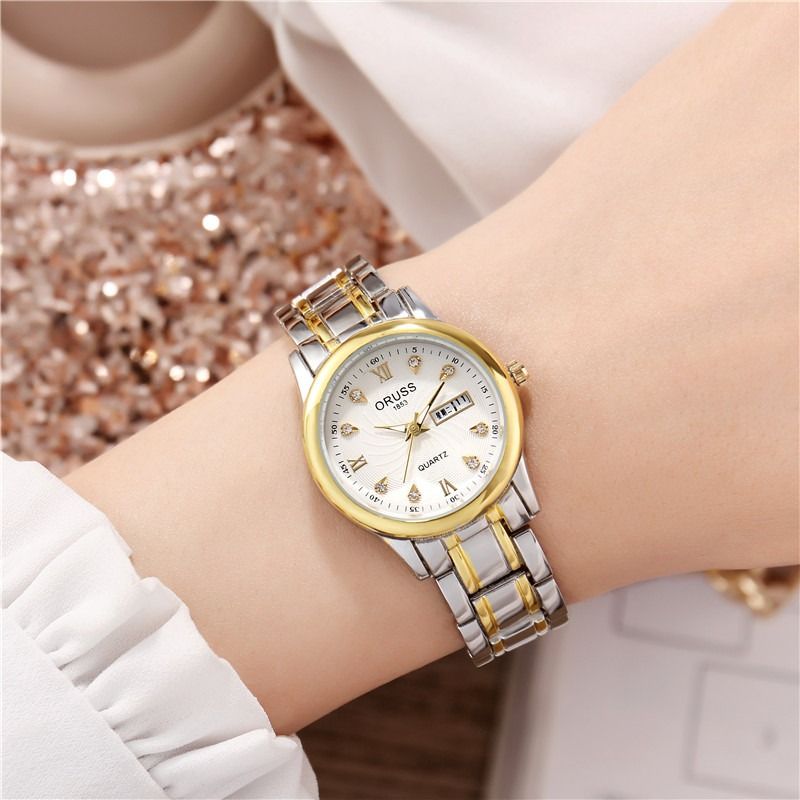 Men's Watch 30M Waterproof Wheels Dial High End Business Men's Steel Band Quartz Watch Business Glow-in-the-dark Waterproof  Double Calendar Casual Men's & Women's Couple Watch Fashion Business Style