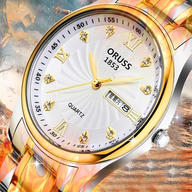 Men's Watch 30M Waterproof Wheels Dial High End Business Men's Steel Band Quartz Watch Business Glow-in-the-dark Waterproof  Double Calendar Casual Men's & Women's Couple Watch Fashion Business Style