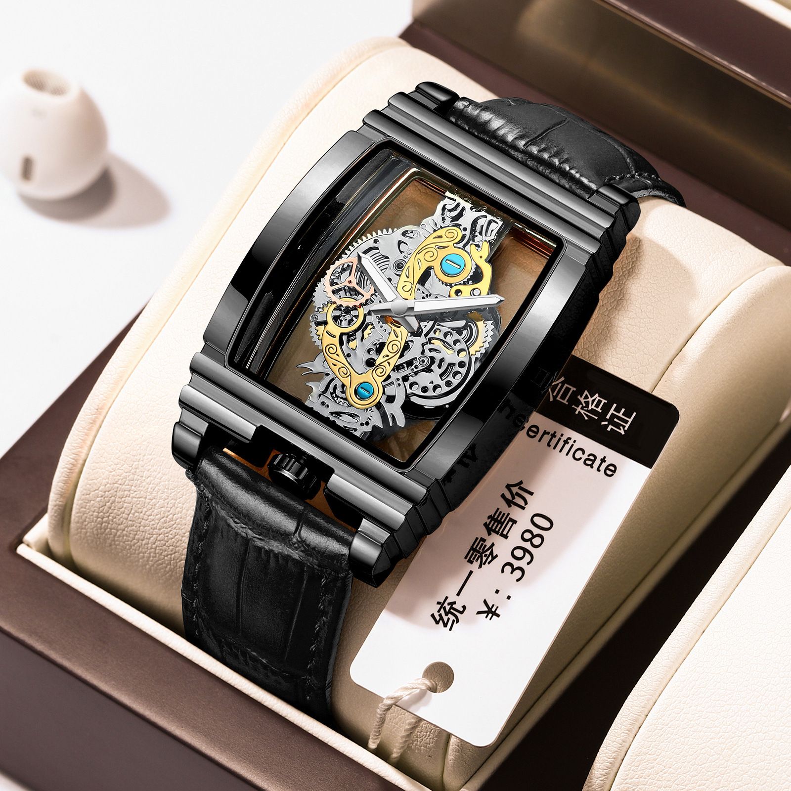 Fashionable New Men's Watch Wine Bucket Motorcycle Gear Strip Hollow Watch Tourbillon Leather Watch Men's Personalized Waterproof Glow Watch Business Sports Watch