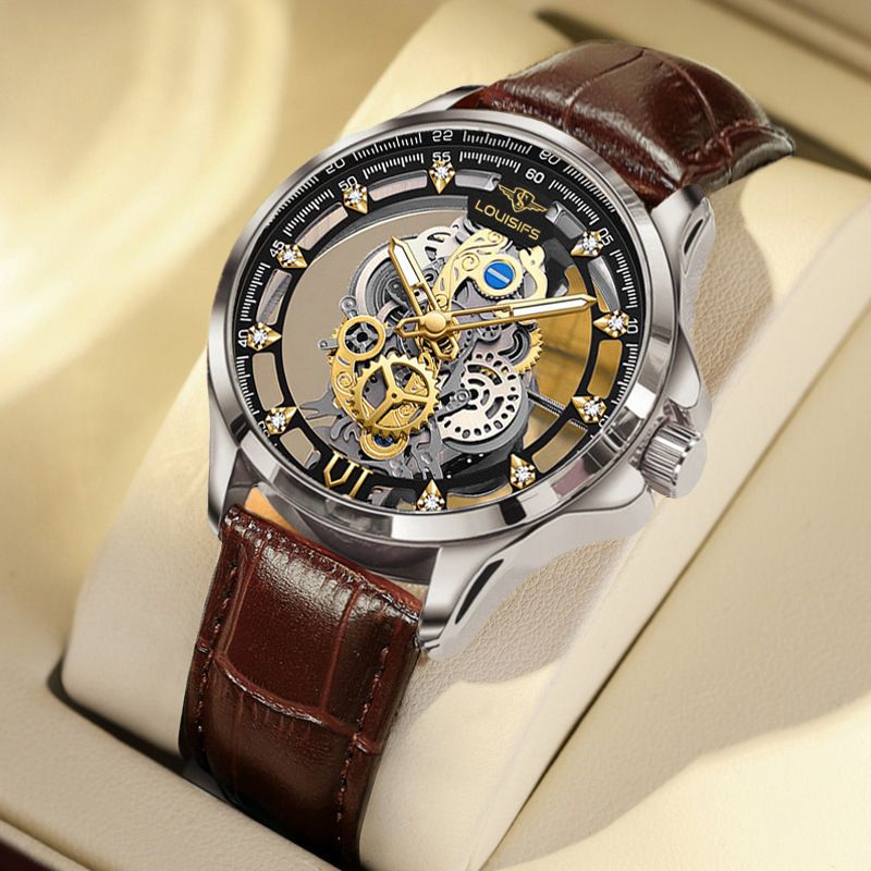 Top End Stainless Steel Busiss Men Watches Creative Design Automatic Double-sided Hollowed Out Transparent Men's Watches Waterproof Luminous Fine Steel Cool Boys Watches + Luxury Gift Box