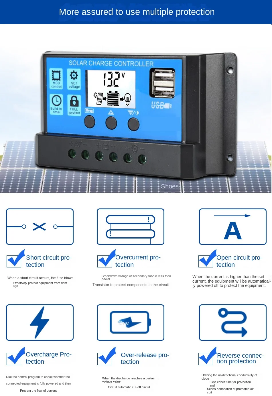 Solar Charge Controller 12V 24V PWM 30A with Adjustable LCD Display Dual USB Port Timer Setting Auto Parameter