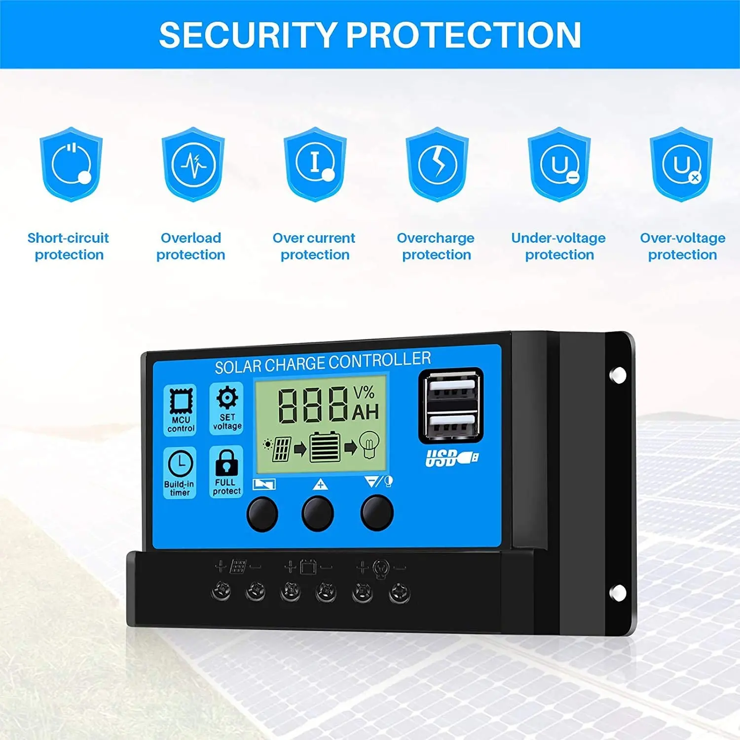 Solar Charge Controller 12V 24V PWM 30A with Adjustable LCD Display Dual USB Port Timer Setting Auto Parameter