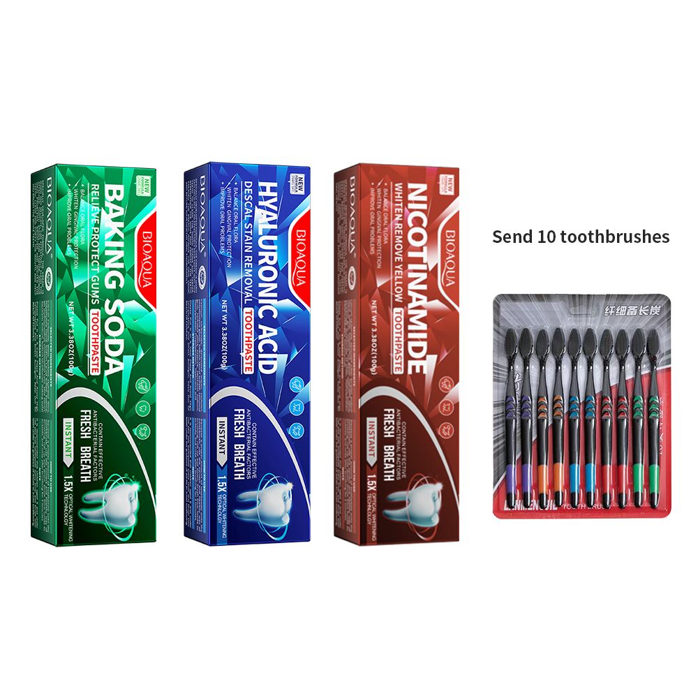 BIOAOUA 3pcs toothpaste and 10 toothbrushes Baking soda nicotinamide Whitening, Yellow Gingivi-Protecting Toothpaste Freshens the mouth Whiten teeth to keep your mouth healthy