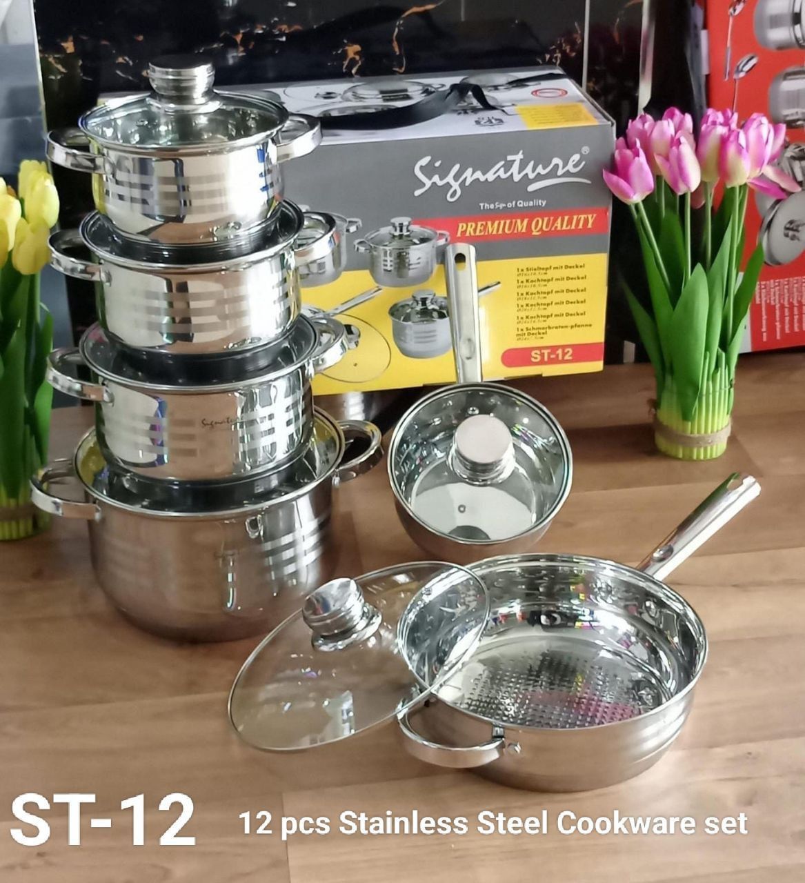 signature 12 pcs Induction Base Stainless Steel Cookware set with Glass Lid  ST-12