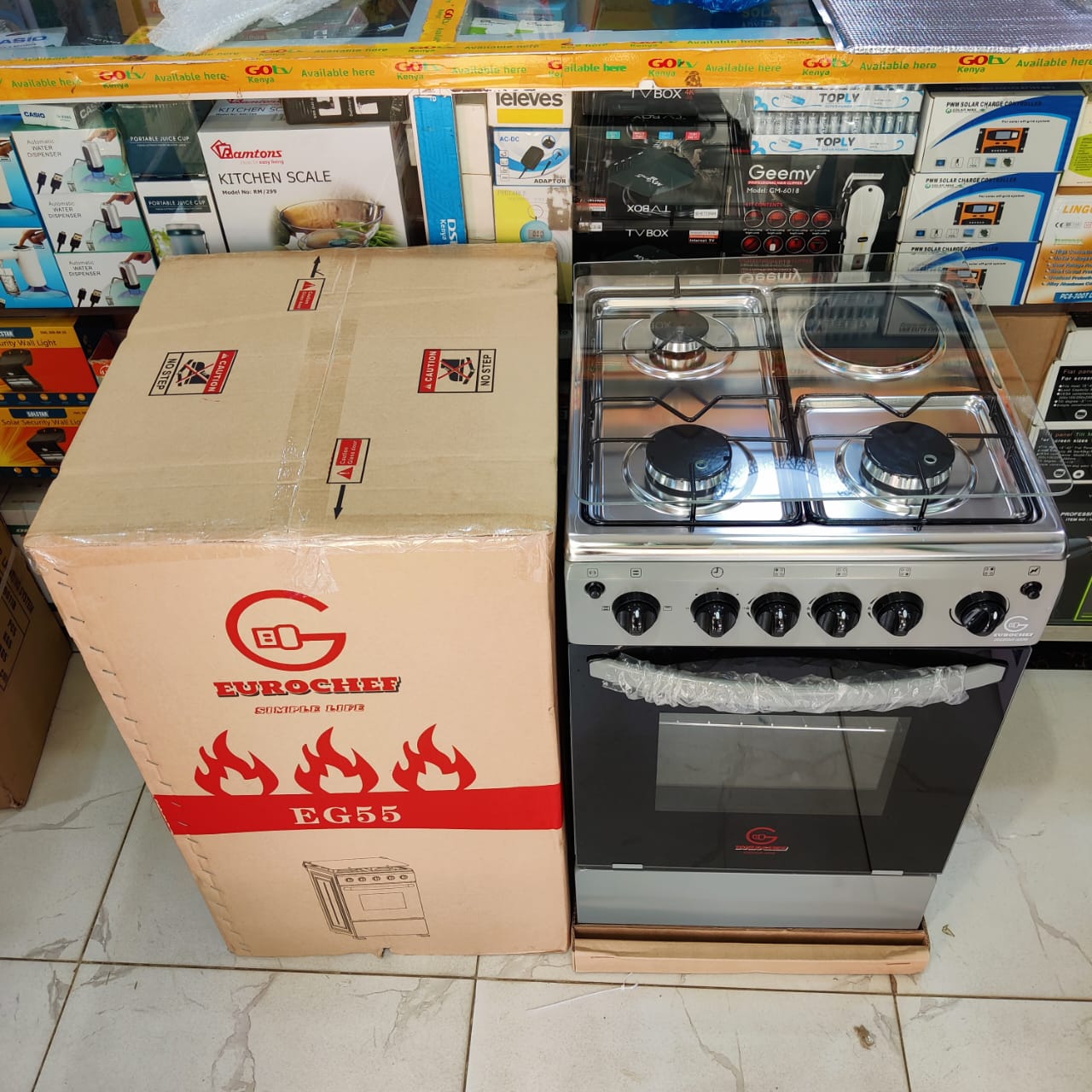 Eurochef 3+1 standing gas Cooker 3 Gas Burners 1 electric Hot Plate,75L Electric Oven Silver 50*55*84CM