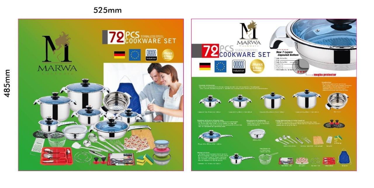 marwa 72 pcs stainless steel induction base cookware set with glass lids and cooking accessories