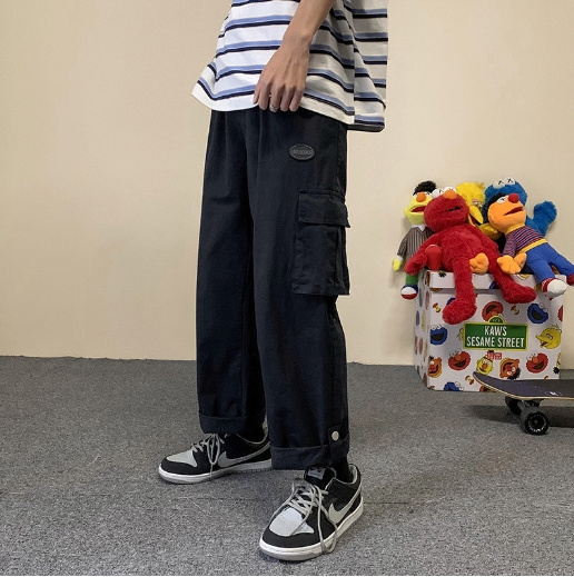 Multiple Pockets Cargo Pants Classic Straight Cylinder Loose Broad Leg Waist Drawcord Street Casual Male Trousers