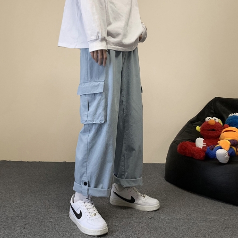 Multiple Pockets Cargo Pants Classic Straight Cylinder Loose Broad Leg Waist Drawcord Street Casual Male Trousers