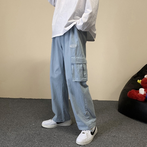 Multiple Pockets Cargo Pants Classic Straight Cylinder Loose Broad Leg Waist Drawcord Street Casual Male Trousers