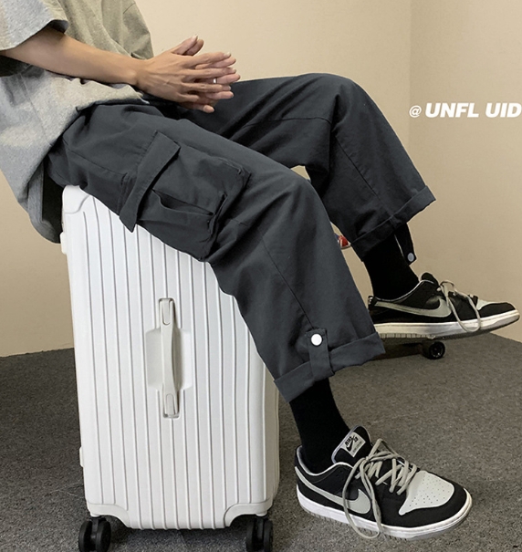 Multiple Pockets Cargo Pants Classic Straight Cylinder Loose Broad Leg Waist Drawcord Street Casual Male Trousers