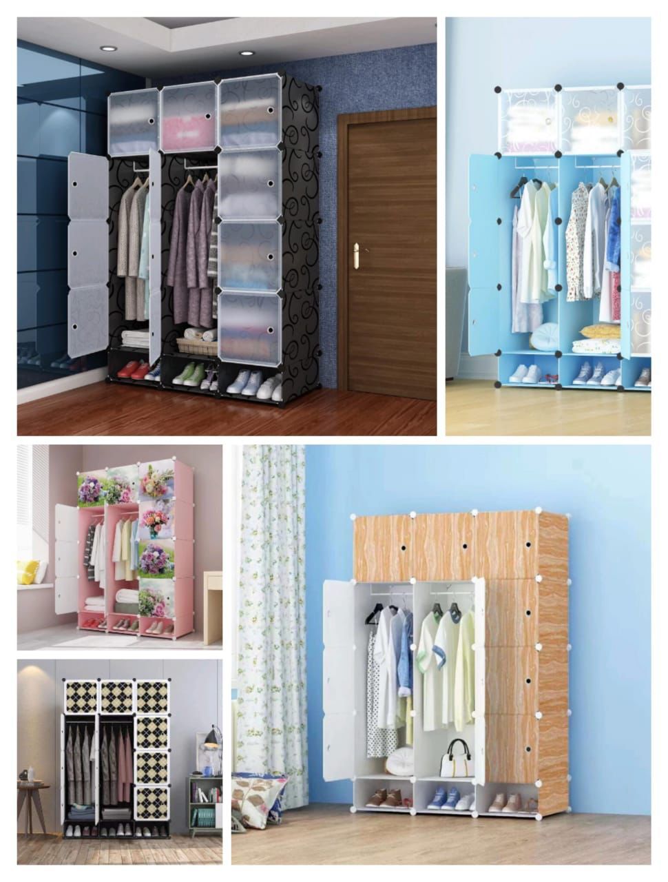 Plastic 3 Column Portable Wardrobe Assemble Semi Home Storage with Inbuilt Shoe Cabinet