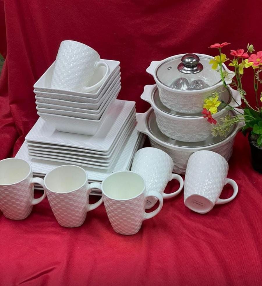 30pcs Dinner Set contains Cups, Bowls, Plates, Side Plates and Hotpots