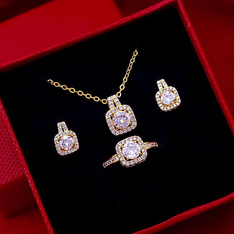 Fresh And Sweet Three-Piece Zircon Set Earrings Ring Necklace Women's Pendant Clavicle Chain Jewelry Sets