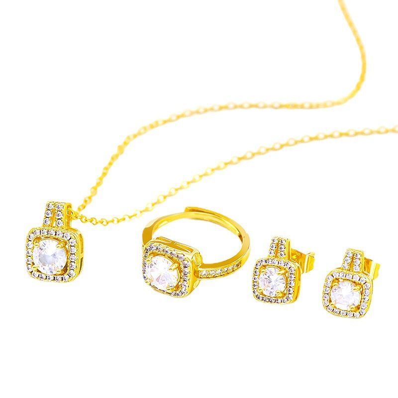 Fresh And Sweet Three-Piece Zircon Set Earrings Ring Necklace Women's Pendant Clavicle Chain Jewelry Sets