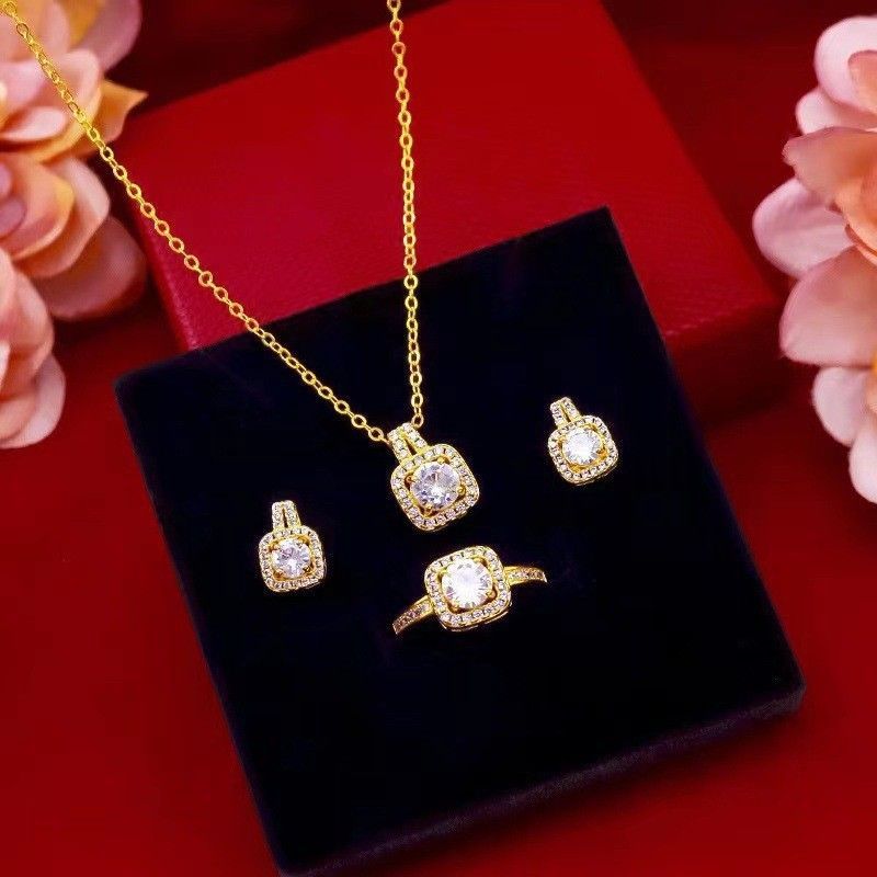 Fresh And Sweet Three-Piece Zircon Set Earrings Ring Necklace Women's Pendant Clavicle Chain Jewelry Sets