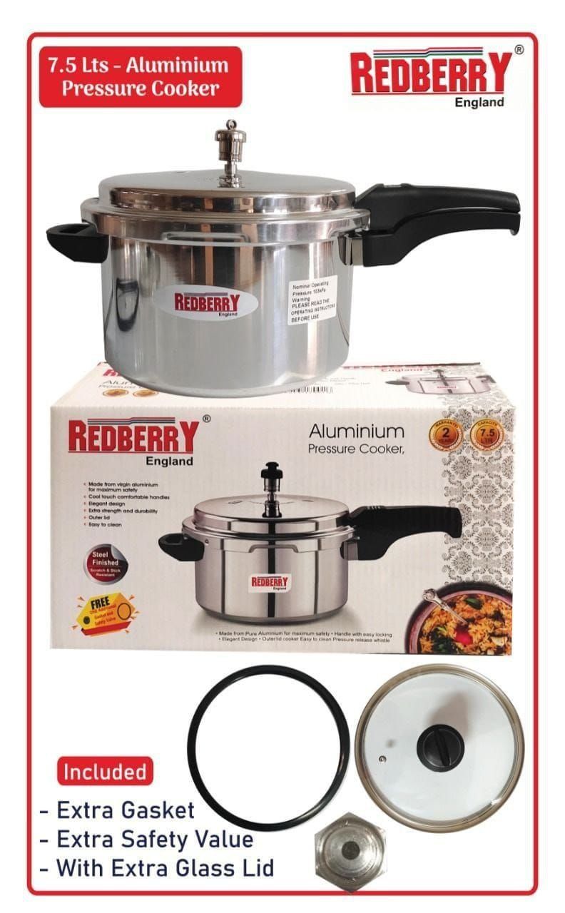 REDBERRY ALUMINIUM PRESSURE COOKER WITH EXTRA GLASS COVER SAFETY VALVE AND GASKET