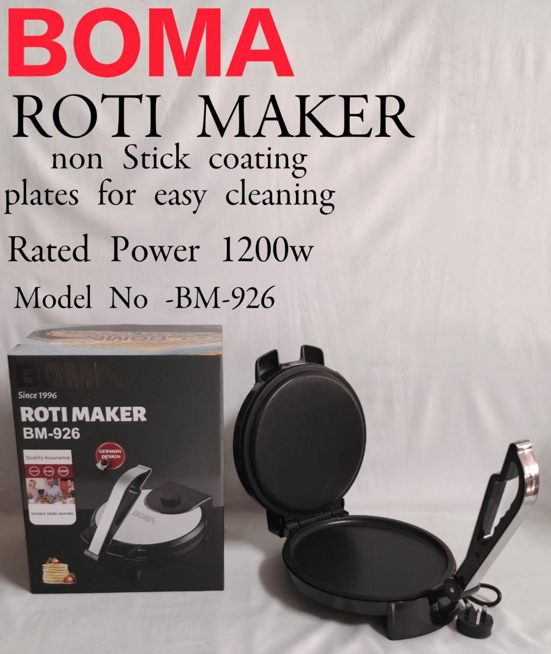 Boma BM-926 roti chapati maker 10 inches with non stick coating plates for easy cleaning with thick base 1200W