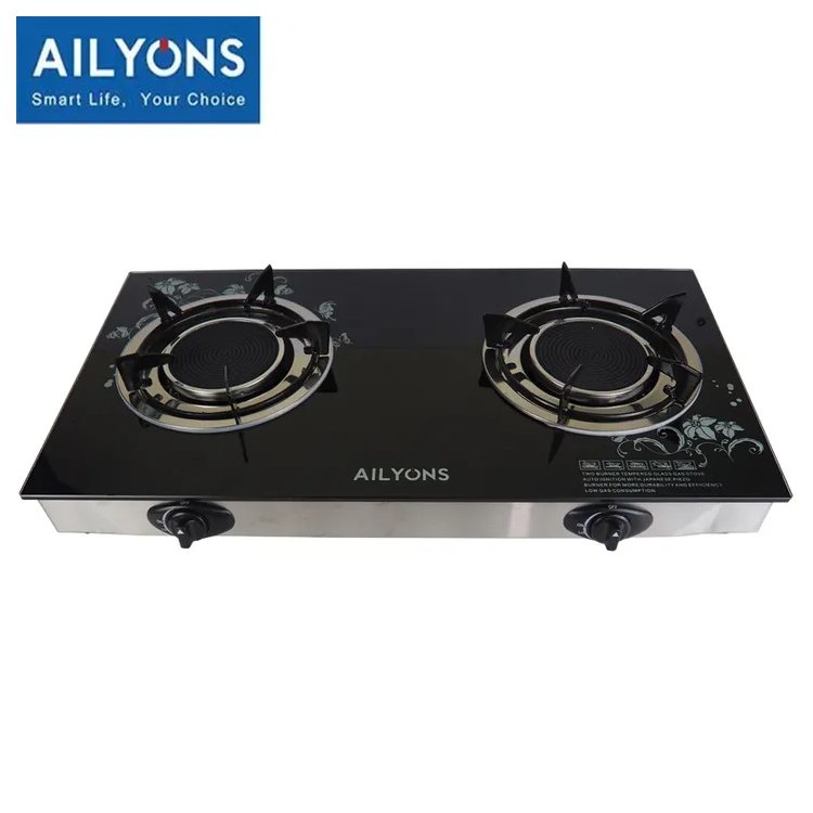 AILYONS GS005A-1, 2 Burner Glass Top Gas Cooker & Infrared Double Burner (1YR WRTY)