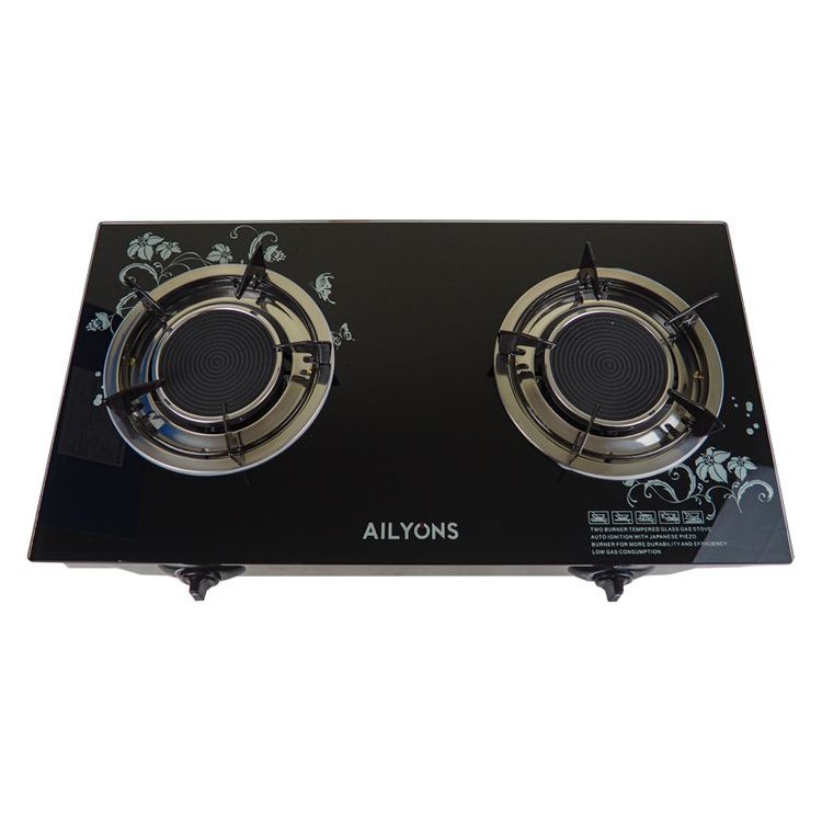 AILYONS GS005A-1, 2 Burner Glass Top Gas Cooker & Infrared Double Burner (1YR WRTY)