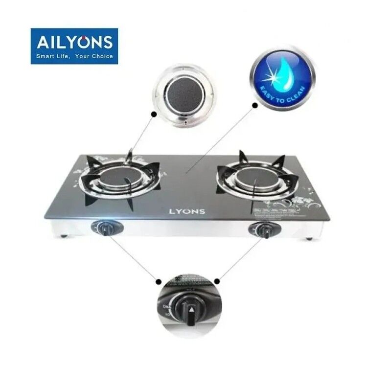 AILYONS GS005A-1, 2 Burner Glass Top Gas Cooker & Infrared Double Burner (1YR WRTY)