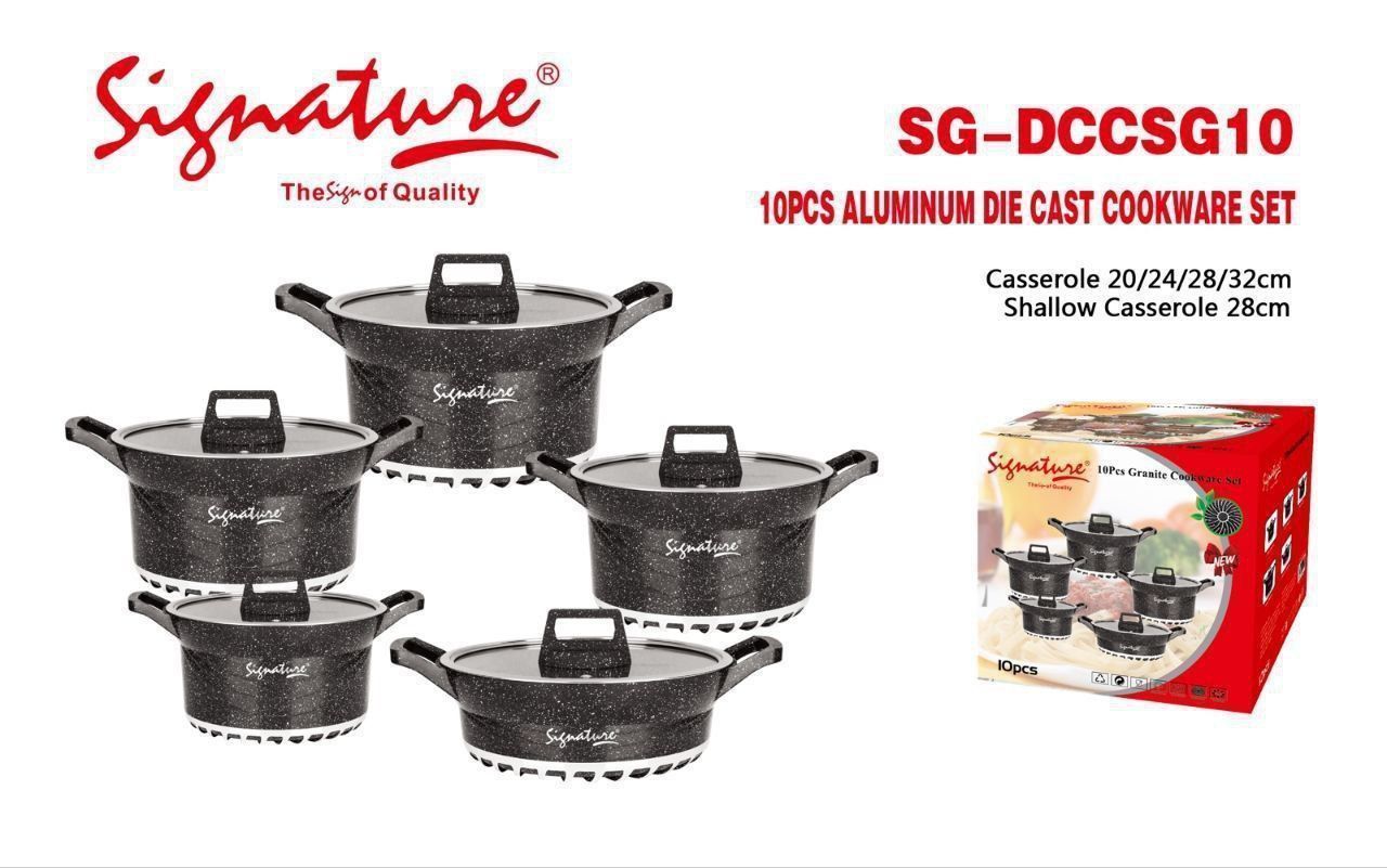 Signature 10pcs Aluminium die cast Cookware Set (SG-DCCSD21) Casserole 20cm 24cm 28cm and 32cm diameter, Shallow Casserole 28cm