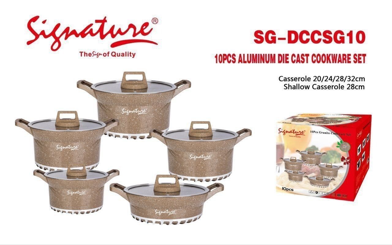 Signature 10pcs Aluminium die cast Cookware Set (SG-DCCSD21) Casserole 20cm 24cm 28cm and 32cm diameter, Shallow Casserole 28cm