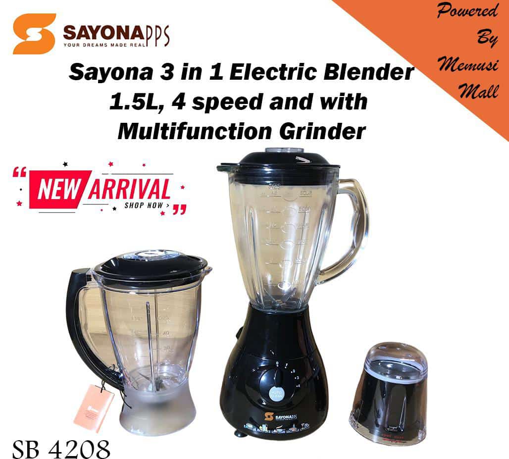 3 IN 1 SAYONA BLENDER SB 4208 SAYONA  3 IN 1 ELECTRIC BLENDER 1.5L 4 SPEED AND WITH MULTIFUNCTION GRINDER