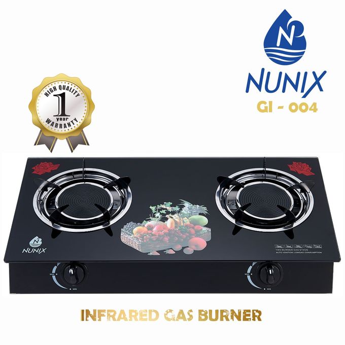 Nunix Infrared Two gas Burner Glass tampered Top And Gas Saving Stove Burner GI-004 With auto ignition black color