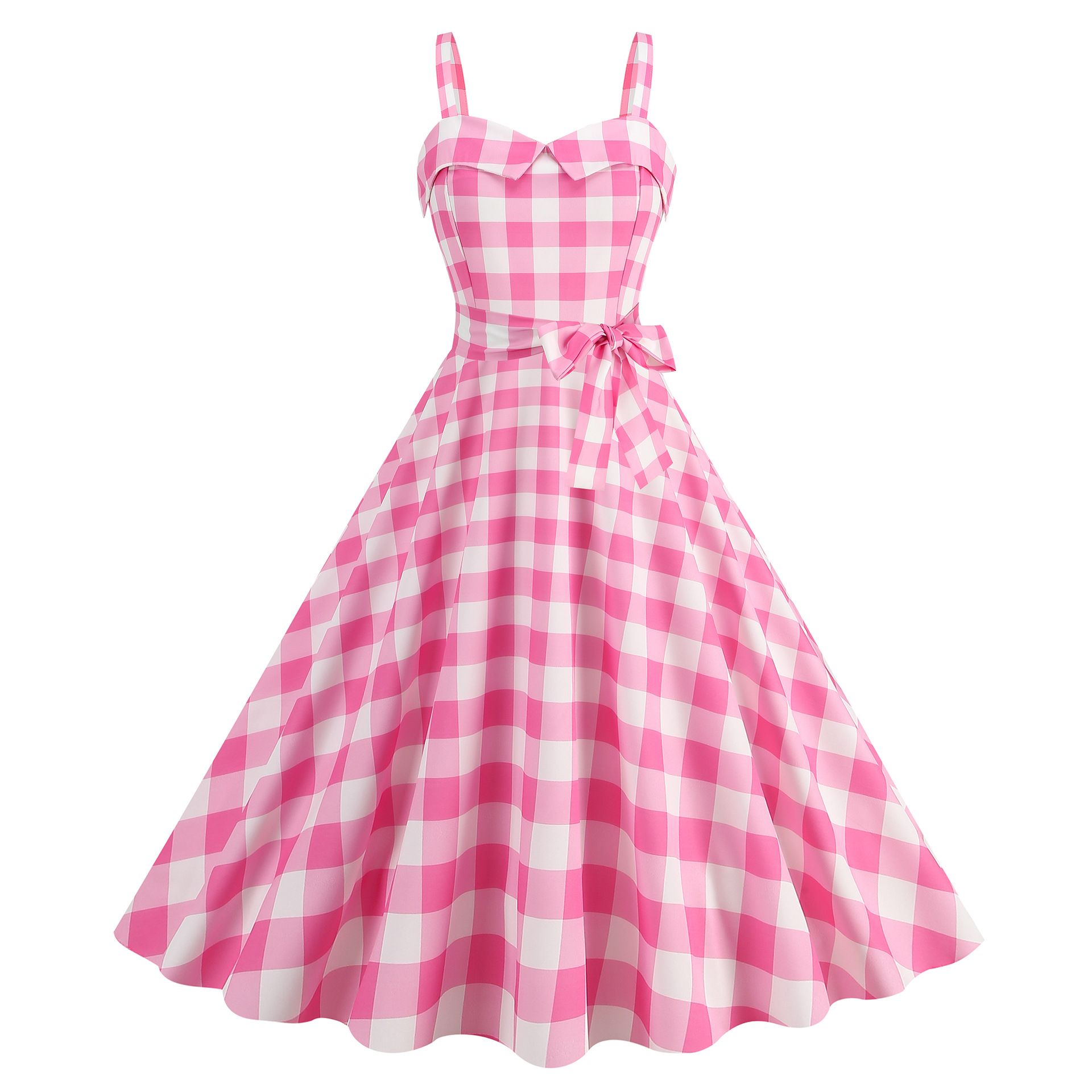 2024 Fashion New Africa Hot Selling Barbie Pink Sling Party Casual Wave Dot Women's Evening Dress Plaid Printed Sweet Girl Student Office Women's Favorite Shopping Swing Long Dress