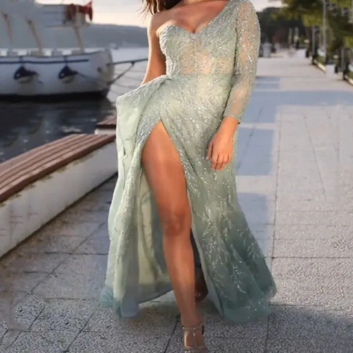 Newest Arrival Spring/Summer European and American Style Women's Elegant Banquet Evening Dress  High Split Sequins  Host Ladies  Parties Celebrations  Concerts Formal Dress Girls Sexy Long Skirt
