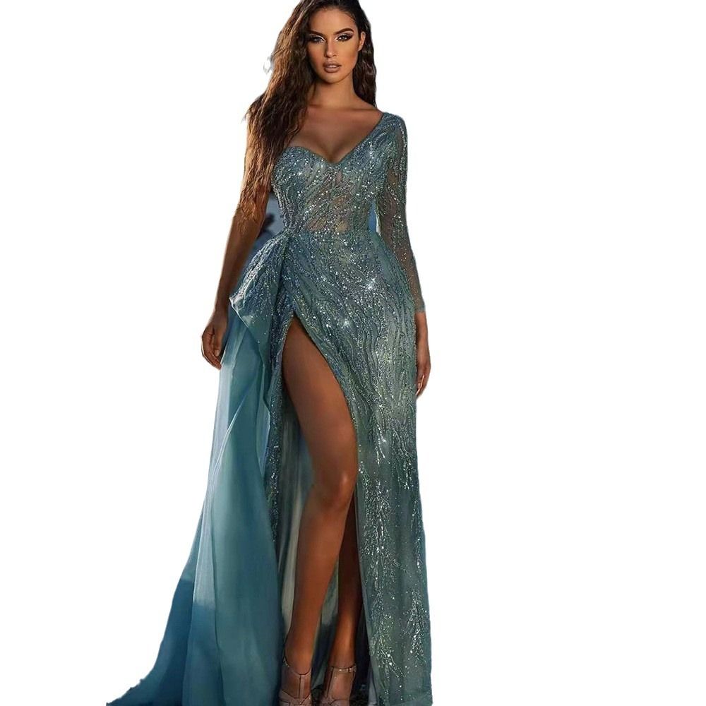 Newest Arrival Spring/Summer European and American Style Women's Elegant Banquet Evening Dress  High Split Sequins  Host Ladies  Parties Celebrations  Concerts Formal Dress Girls Sexy Long Skirt