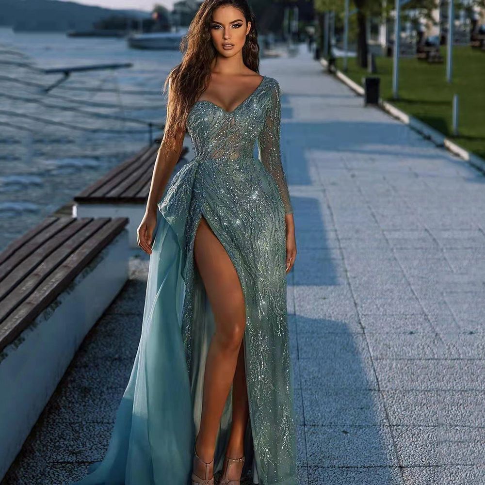 Newest Arrival Spring/Summer European and American Style Women's Elegant Banquet Evening Dress  High Split Sequins  Host Ladies  Parties Celebrations  Concerts Formal Dress Girls Sexy Long Skirt