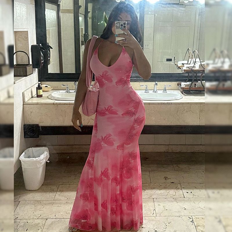 2024 European And American Women's Summer New Backless Camisole Long Skirt Hot Selling African Casual Print Slim Fit Fishtail Dress Women's Evening Dress Party Concert Gentle Long Dress Casual Shoppin
