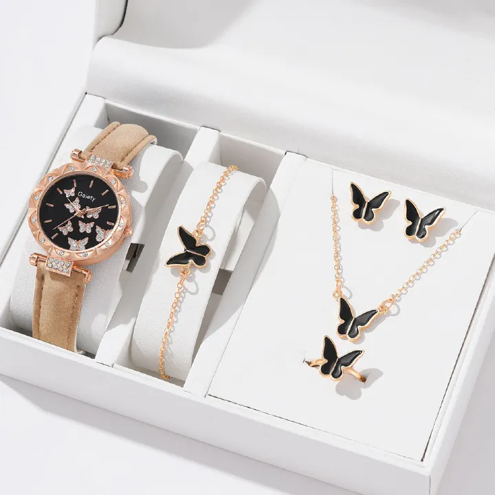 African Popular Watches+Bracelets+earrings+Neckale Women Jewelry Set Butterfly Style Lady Dress Jewelry Girls Students Classmates Birthday Gifts Partis Accessories