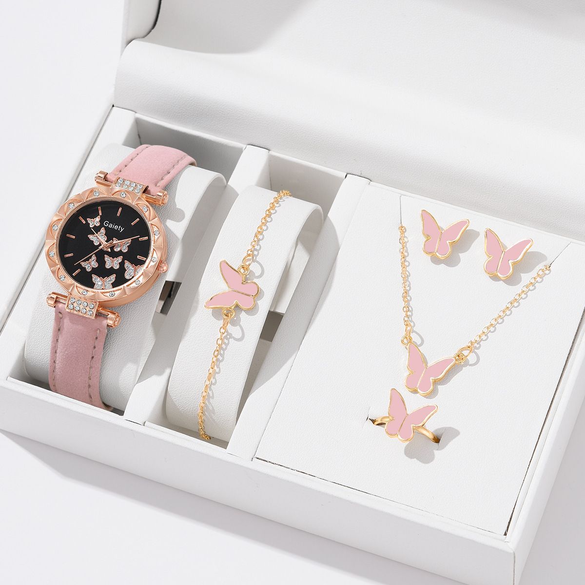 African Popular Watches+Bracelets+earrings+Neckale Women Jewelry Set Butterfly Style Lady Dress Jewelry Girls Students Classmates Birthday Gifts Partis Accessories
