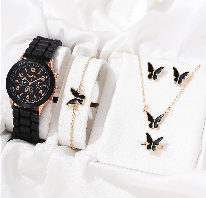 African Popular Watches+Bracelets+earrings+Neckale Women Dress Jewelry Set Butterfly Heart Style Lady Dress Jewelry Girls Students Classmates Birthday Gifts Partis Accessories