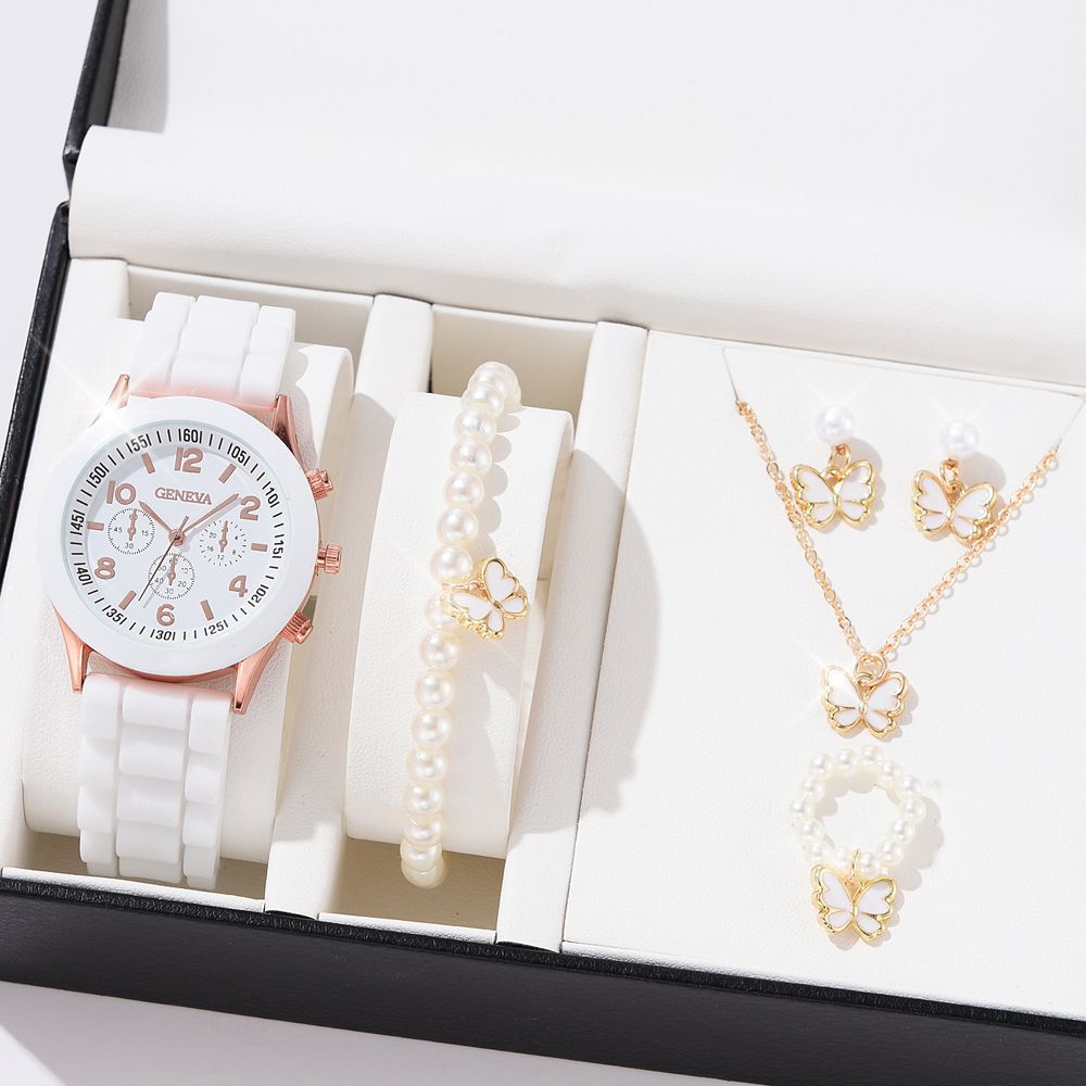 African Popular Watches+Bracelets+earrings+Neckale Women Dress Jewelry Set Butterfly Heart Style Lady Dress Jewelry Girls Students Classmates Birthday Gifts Partis Accessories