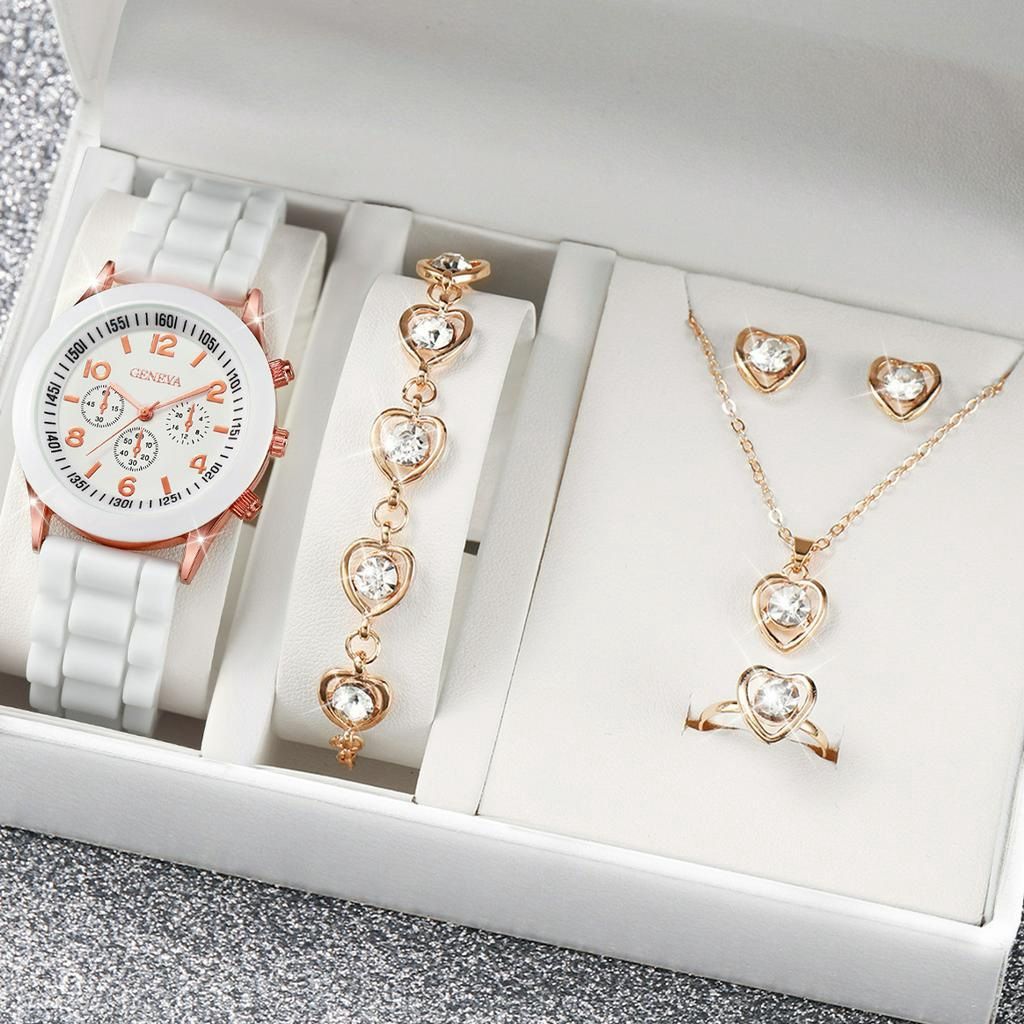 African Popular Watches+Bracelets+earrings+Neckale Women Dress Jewelry Set Butterfly Heart Style Lady Dress Jewelry Girls Students Classmates Birthday Gifts Partis Accessories