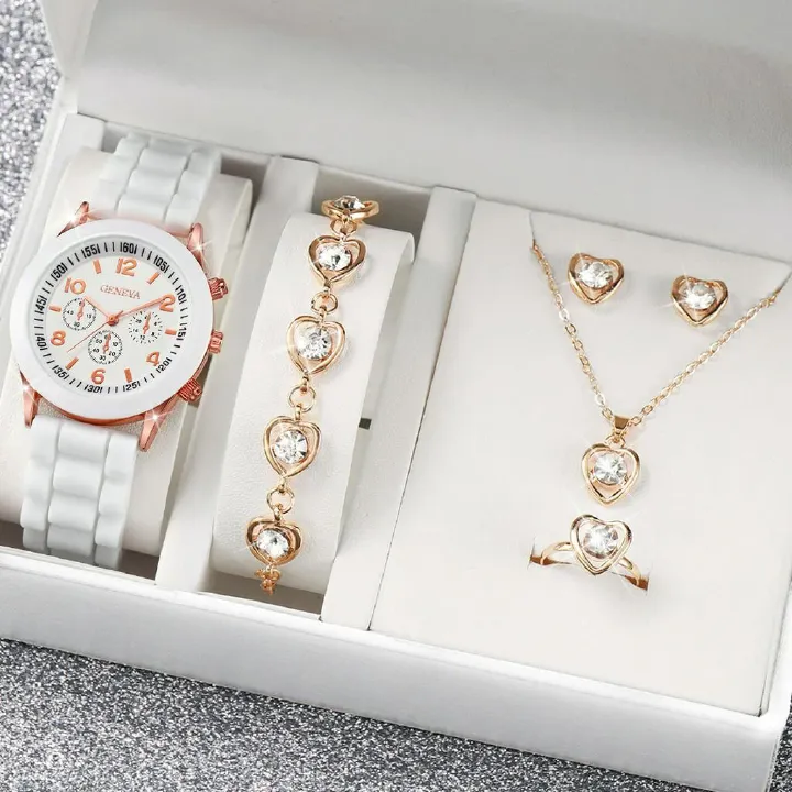 African Popular Watches+Bracelets+earrings+Neckale Women Dress Jewelry Set Butterfly Heart Style Lady Dress Jewelry Girls Students Classmates Birthday Gifts Partis Accessories