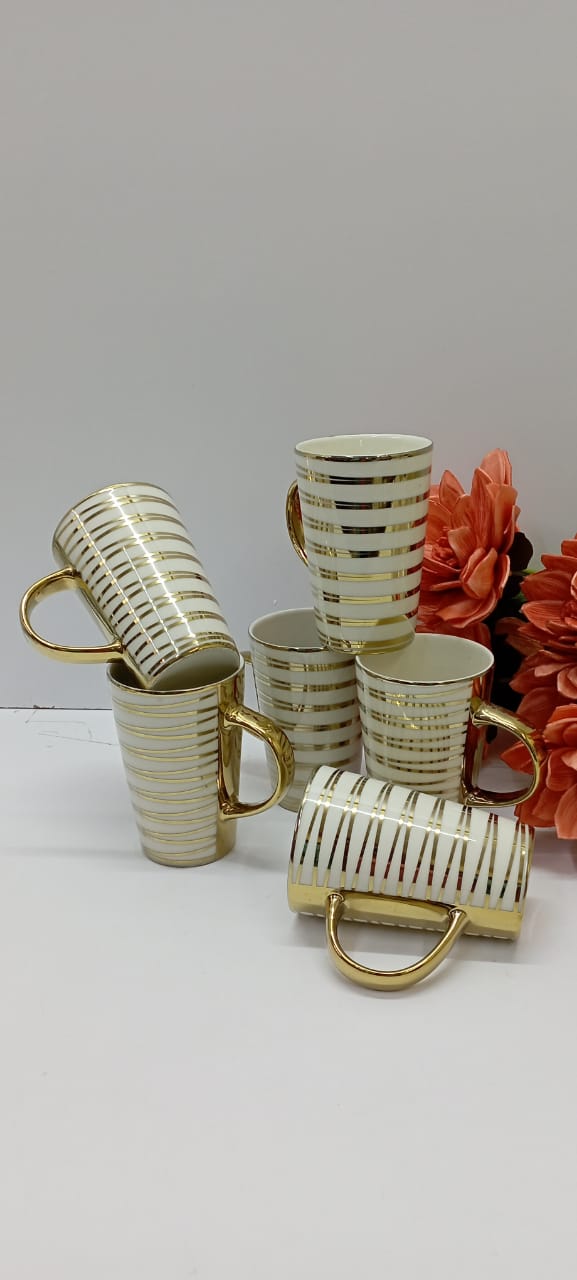 6pc GOLD Ceramic Tea Cups Mugs Perfect for Coffee, Tea, Hot Chocolate, Milk