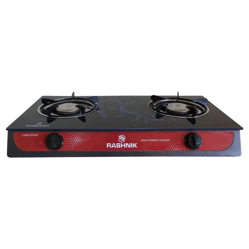 RASHNIK    RN-201  2  Burner GLass  Top Gas  Cooker  Gas Stove with  Steel Construction Piezoelectric Ignition