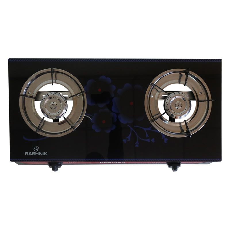 RASHNIK    RN-201  2  Burner GLass  Top Gas  Cooker  Gas Stove with  Steel Construction Piezoelectric Ignition