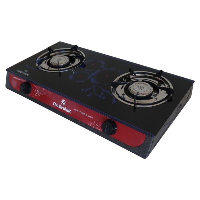 RASHNIK    RN-201  2  Burner GLass  Top Gas  Cooker  Gas Stove with  Steel Construction Piezoelectric Ignition