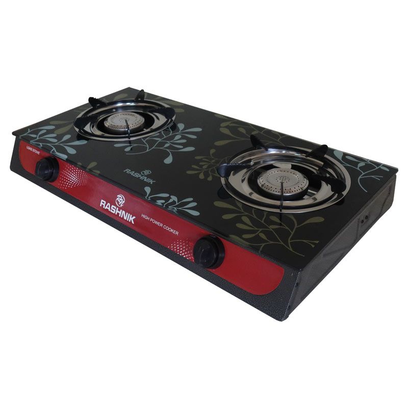RASHNIK    RN-201  2  Burner GLass  Top Gas  Cooker  Gas Stove with  Steel Construction Piezoelectric Ignition