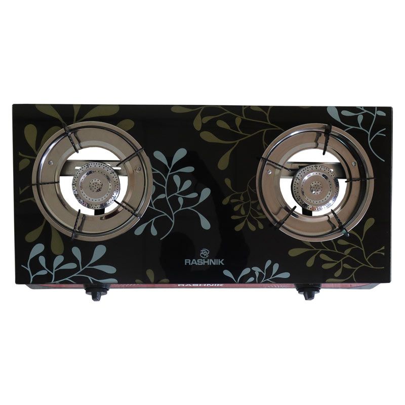 RASHNIK    RN-201  2  Burner GLass  Top Gas  Cooker  Gas Stove with  Steel Construction Piezoelectric Ignition