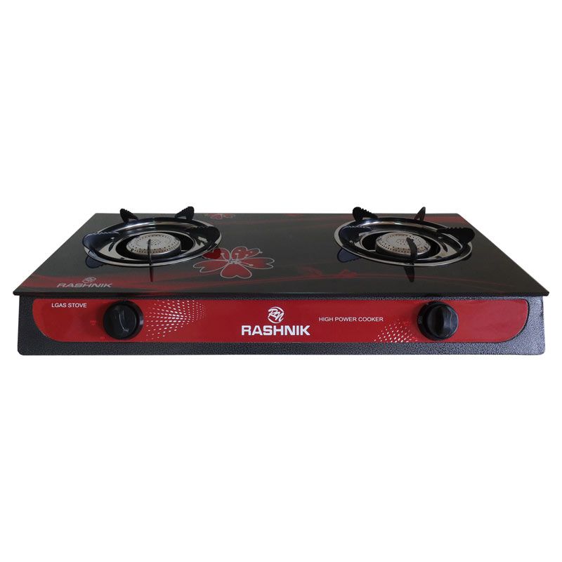 RASHNIK    RN-201  2  Burner GLass  Top Gas  Cooker  Gas Stove with  Steel Construction Piezoelectric Ignition