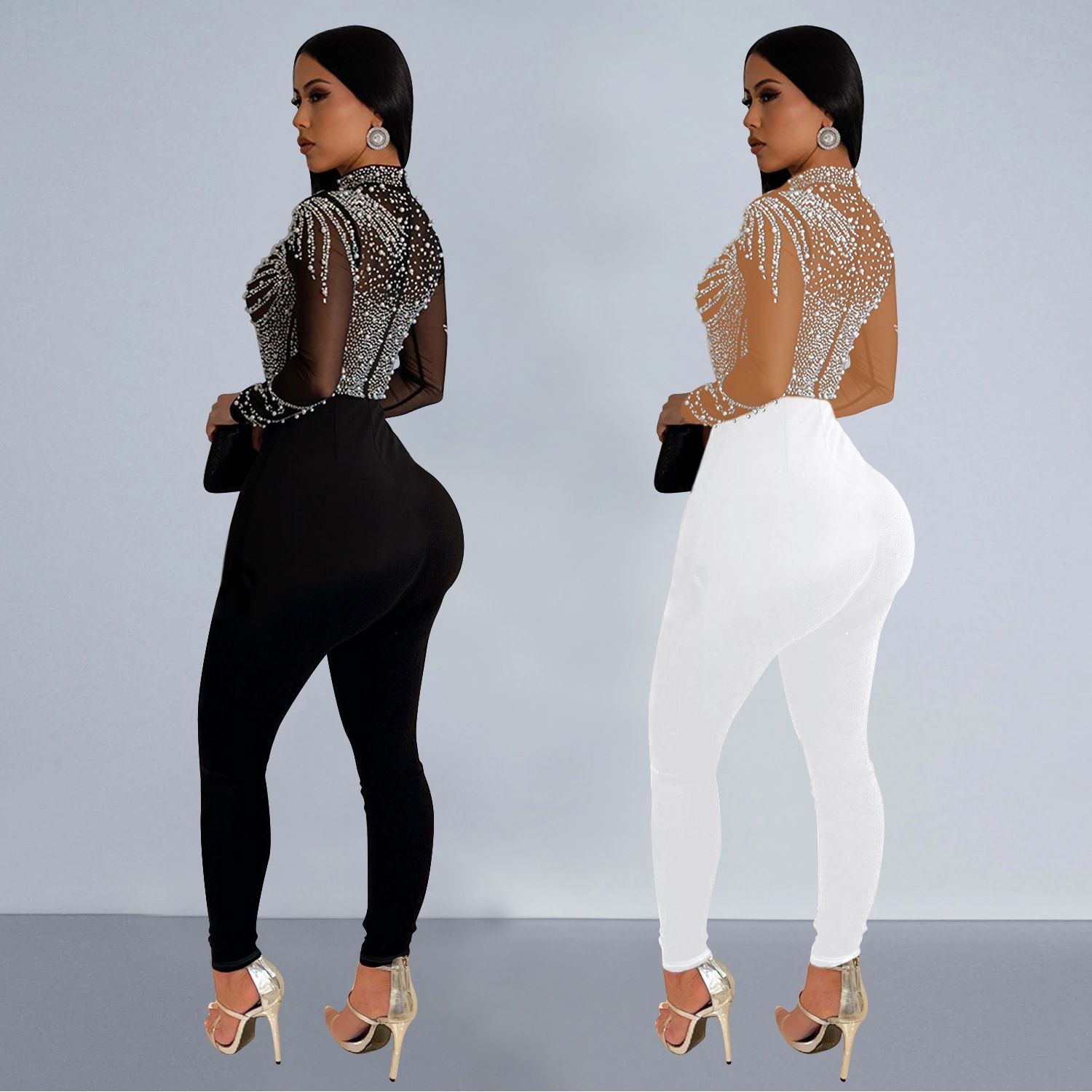 Europe and the United States Fashion Women's Solid Color Mesh Rhinestone Long-sleeved Pants Jumpsuit